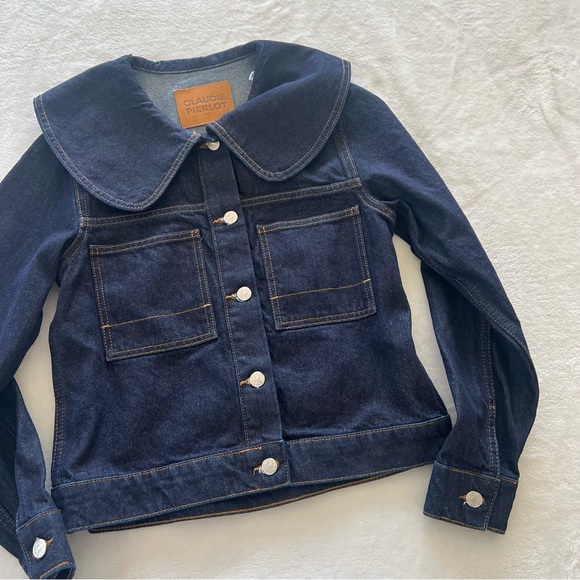 CLAUDIE PIERLOT Wide-Collar Denim Jacket in Blue - Picture 5 of 12
